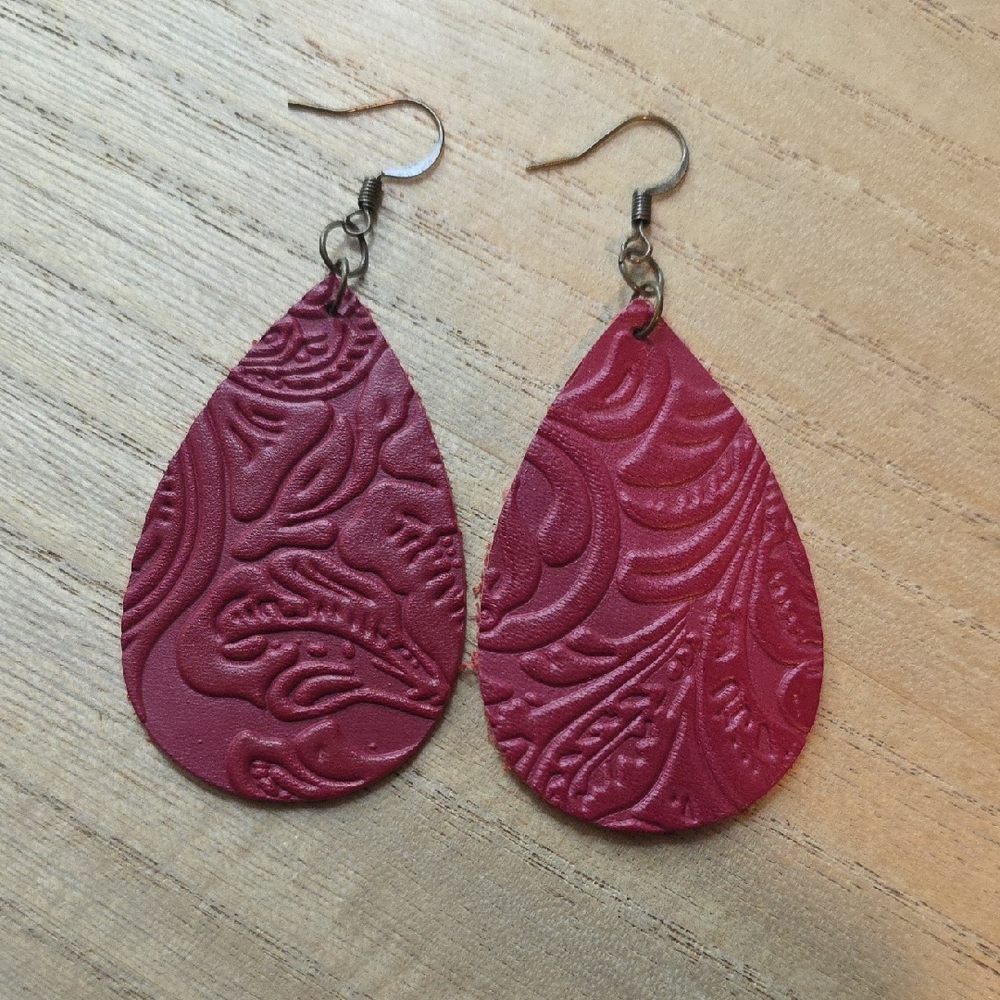 Handmade Red Leather Embossed Teardrop Earrings
